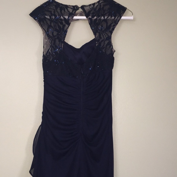 Navy Lace Sequin Prom Dress - Picture 6 of 8